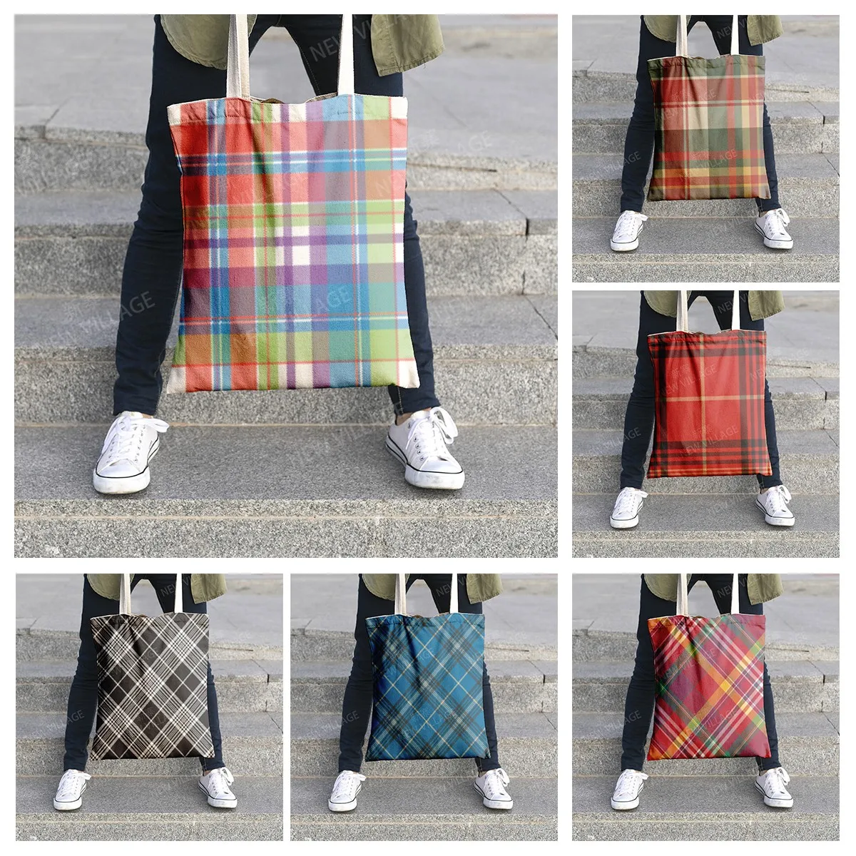 

Холщовая Сумка на плечо, органайзер для хранения косметики, дорожная Женская сумочка, тканевая Минималистичная клетчатая сумка для покупок с принтом