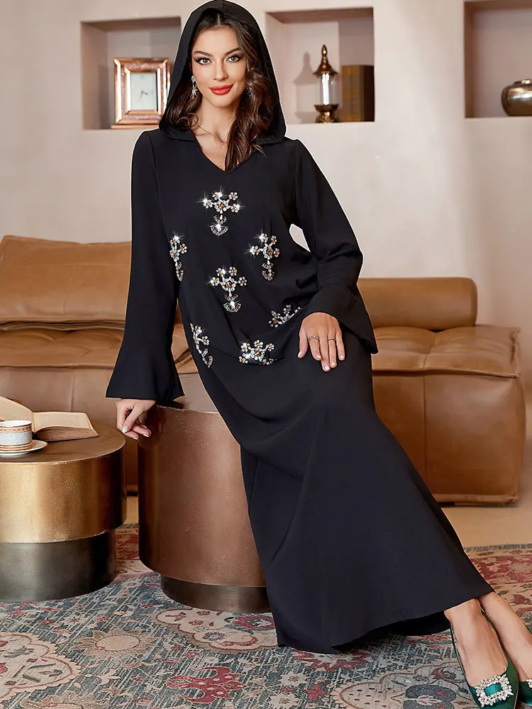 Djellaba Black Abaya Women Handsewn Embroidery Arabian Party Gown Muslim Long Dress Moroccan Hooded Kaftan Islam Clothes