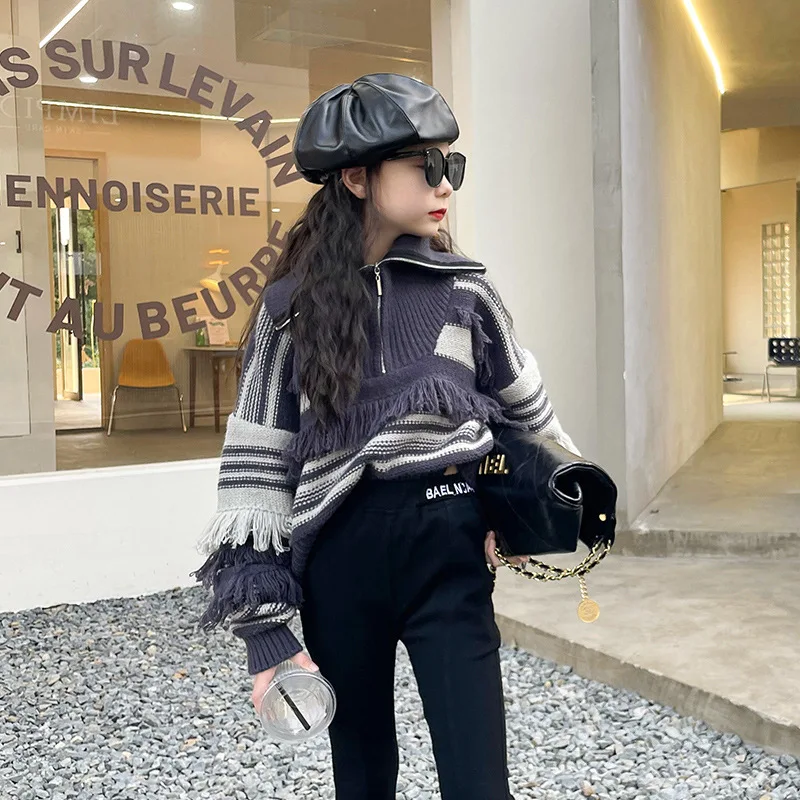 

Одежда для девочек, модный вязаный свитер, осенне-зимние толстые теплые топы, детская одежда, пуловер в полоску на молнии с бахромой на Возра...