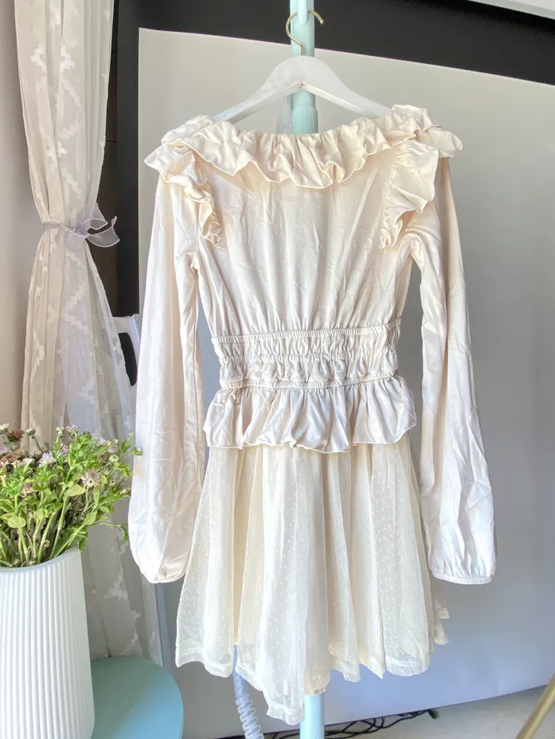 Распродажа мини-платье в японском стиле из замши и кружева с длинным рукавом