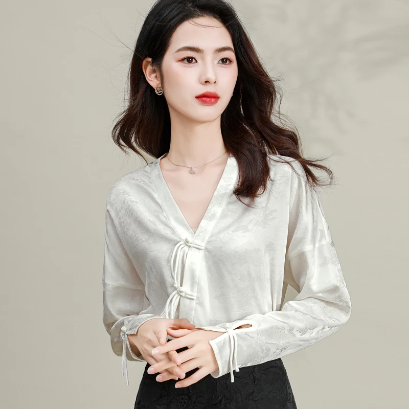 Женская шелковая рубашка в неокитайском стиле белая глянцевая жаккардовая с