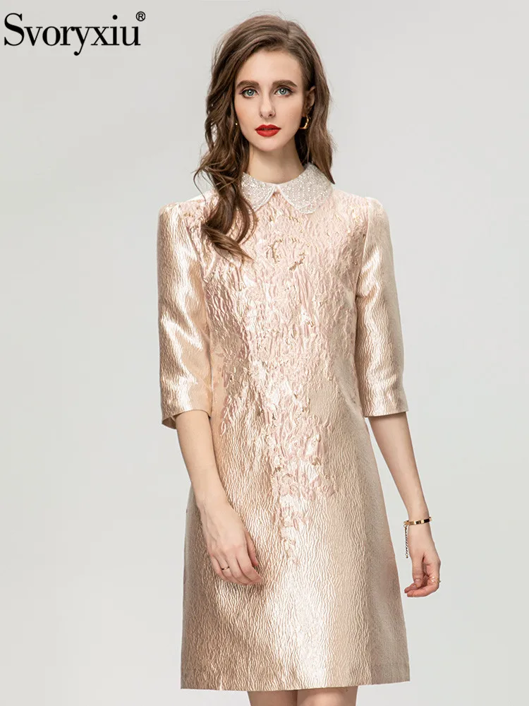 

Женское винтажное мини-платье Svoryxiu, разноцветное свободное платье цвета хаки с отложным воротником, расшитое бисером, на осень