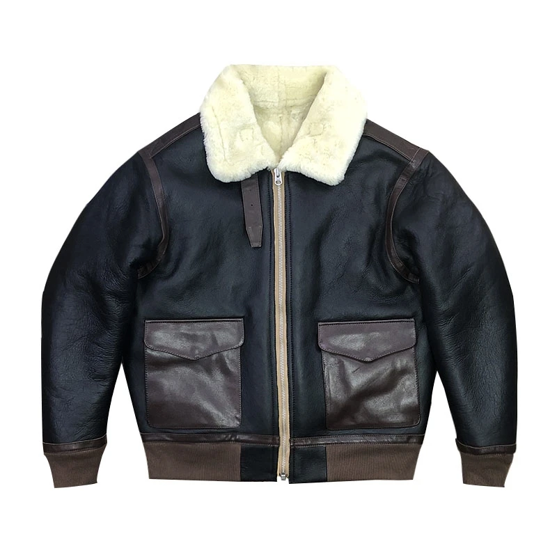 

Black Winter Men's Shearling Jacket Military Style Plus Size 3XL Natural Thick Sheepskin Warm A2 Flight Genuine Leather Coats