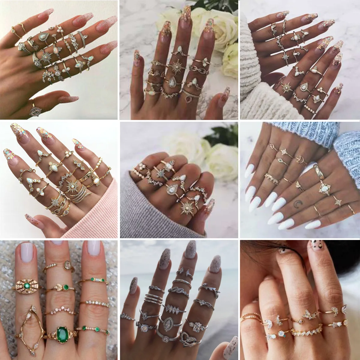 

NEW 2022 Vintage Ring Set With Diamond Drop Geometry Female Rhinestone Tail Ring