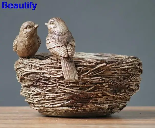 

Sparrow Bird Couple and Nest American Countryside Style Resin Model Statue Decor Gift Craft Accessories Embellishment Furnishing