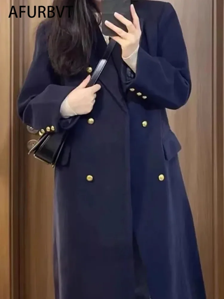 

Korea Women Spring Autumn Black Loose Long Wool Coat Jacket Belt Woolen Overcoat Double Breasted Navy Blue Outerwear 3XL