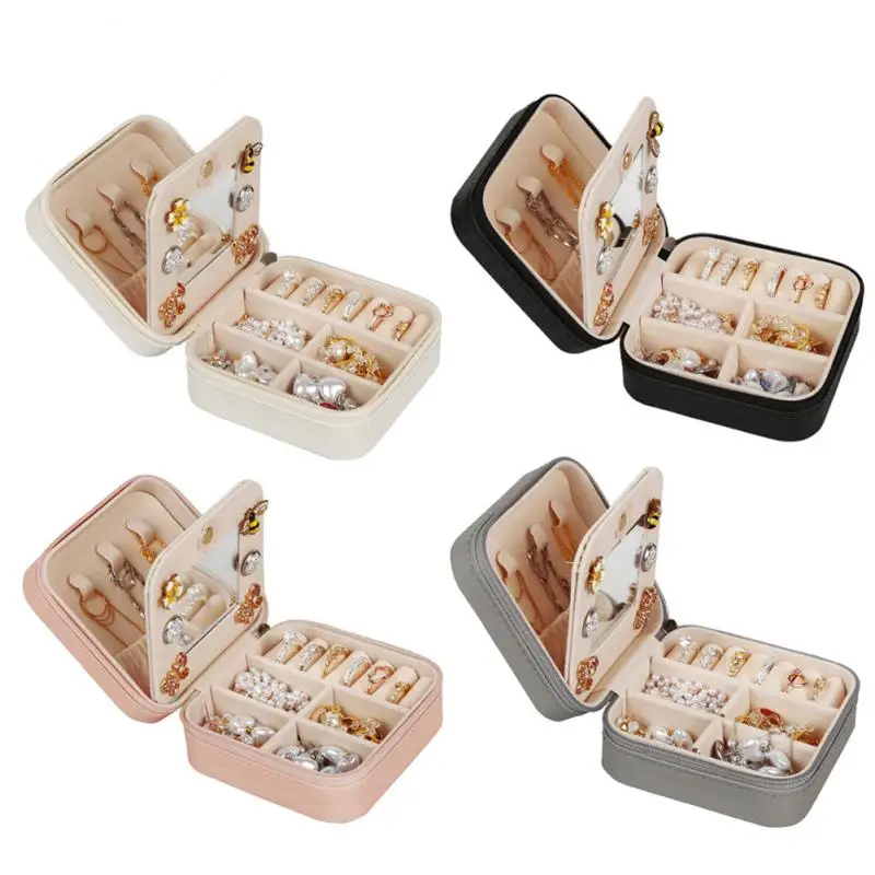 

Portable Jewelry Box Jewelry Organizer Display Travel Jewelry Case Boxes Leather Storage Zipper Jewelers Box With Mirror Leather