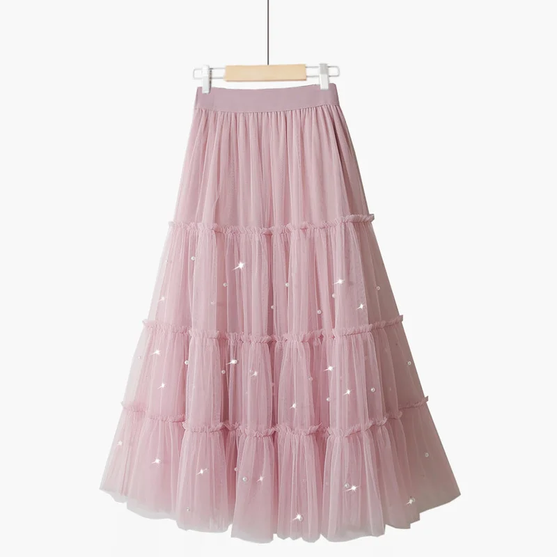 

Women A Line Girls Chic Long Korean Fashion High Waist Midi Pleated Casual Solid Ball Gown Lace Apricot Fresh Clothing Skirts