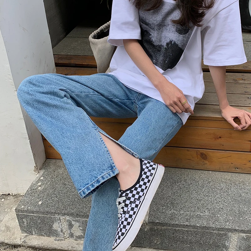 Jeans Women's Light Blue Summer Casual Commuter High Waist Loose Slim High Vintage Split Straight Leg Long Pants