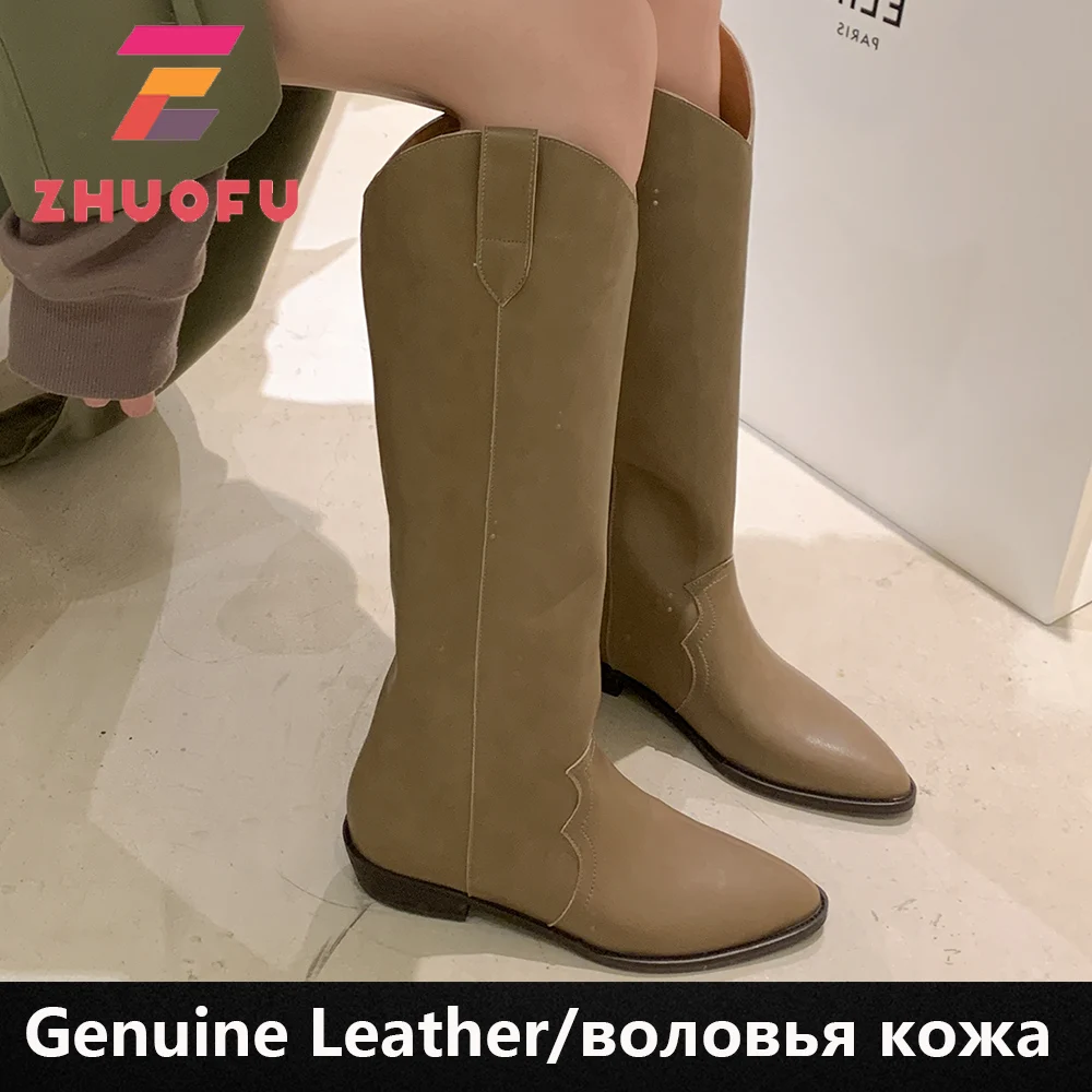 

Женские сапоги без шнуровки ZHUOFU, высокие сапоги в западном стиле на толстом среднем каблуке, зимние сапоги из натуральной кожи, размеры 34-42, ...