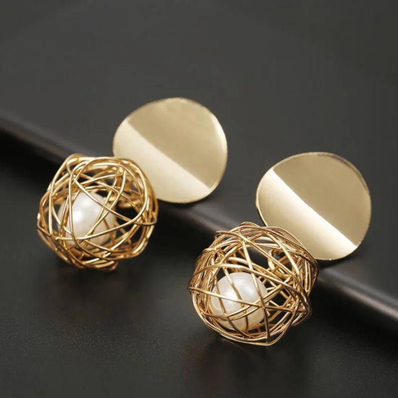 

Charmsmic Gold Color Round Pearl Ball Drop Earrings Hollow Geometric Irregular Women Female Statement Ear Jewelry