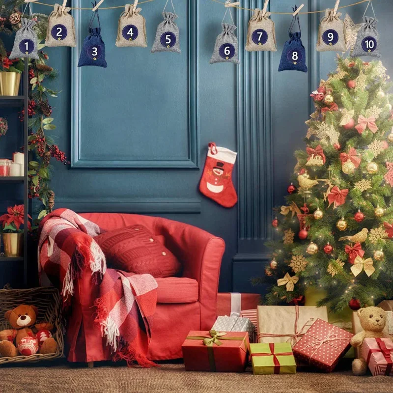 

24 Pcs SetChristmas Countdown Linen Gift Bags Wedding Birthday Party Christmas Packaging Linen Bags Drawstring Candy Bags