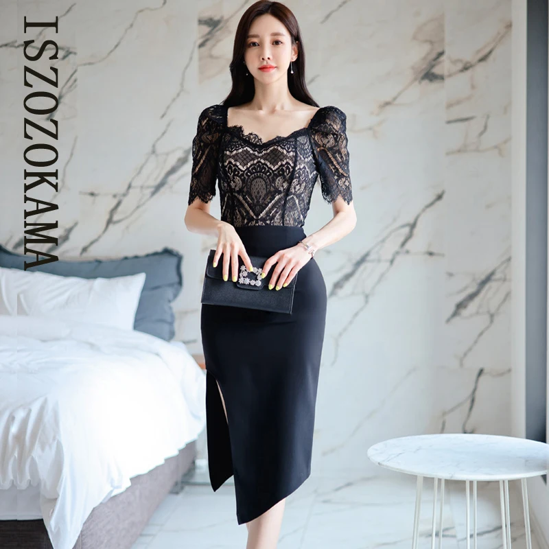 

ISZOZOKAMA silk jacket 2 piece suit korean ladies summer black lace tops and tight skirt cabaret party set for women