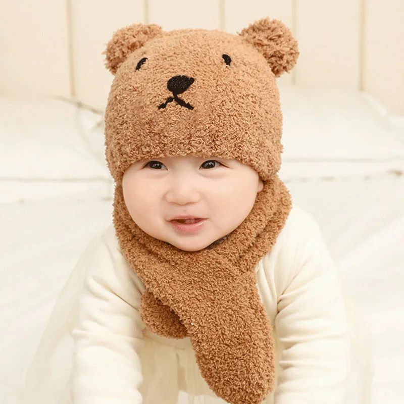 

Детская шапка с ушками милого медведя, однотонные утепленные детские шапки, шарфы, комплект, шарф, Зимняя Теплая Флисовая детская шапка для ...