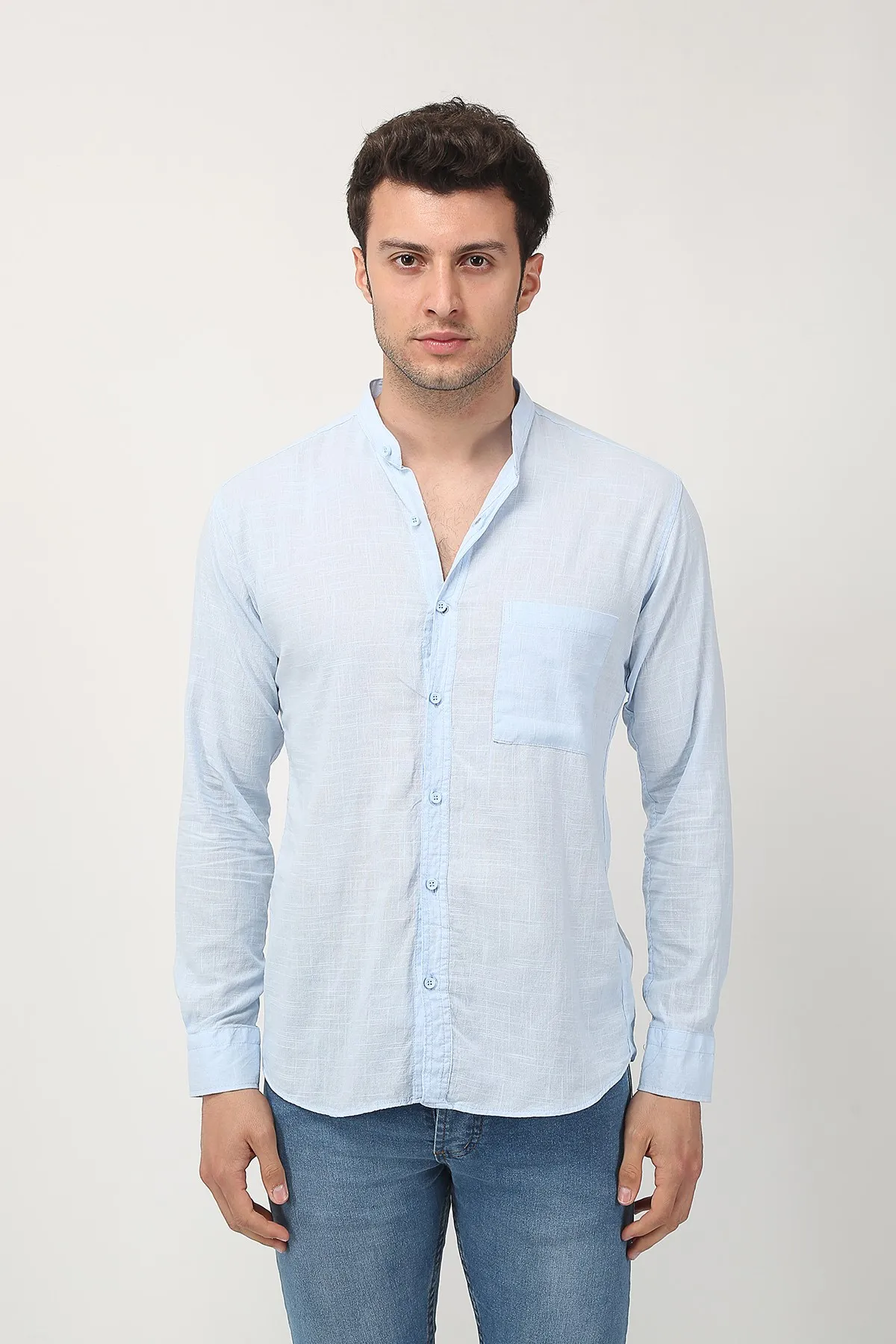 Therapy Men Men 'S Crew Neck Long Sleeve Linen Shirt 21K-4300577 Ice Blue