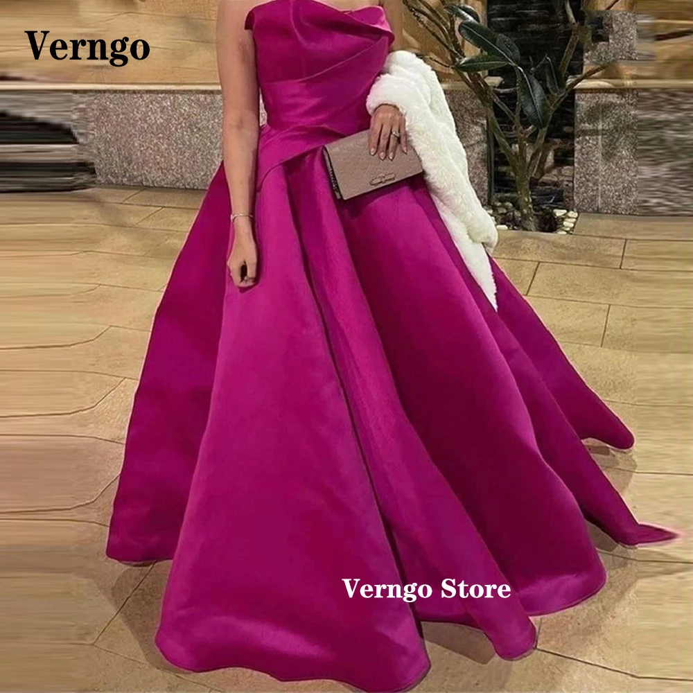 

Verngo A Line Fuschia Satin Long Evening Dresses Strapless Pleats Saudi Arabic Women Simple Formal Prom Gowns Robe de soiree