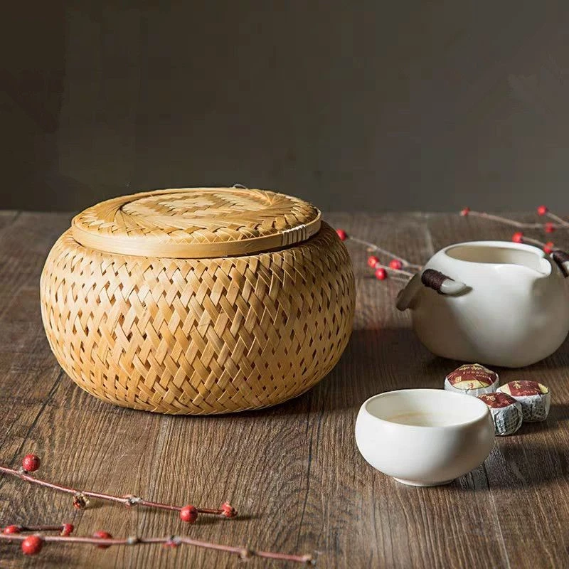 

Двухслойная Бамбуковая ткань с крышкой, 1 шт., плетеная корзина для чая ручной работы, цветочный горшок, Настольная коробка для хранения косметики