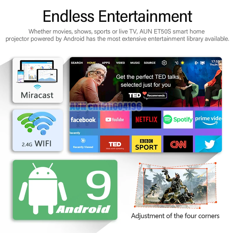 Ceny AUN ET50S MINI Projektor Android Full HD 1080P Kino Domowe Projektory LED Przenośny 4K Wideo Beamer WIFI Telefon Komórkowy