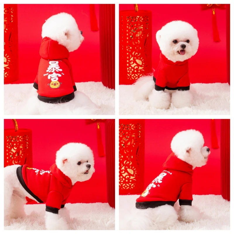 

Dogs Cats Chinese New Year Red Get Rich Chinese Words Hoodie with Hat Pet Outdoor Warm Fleece Spring Festival Red Joyous Clothes