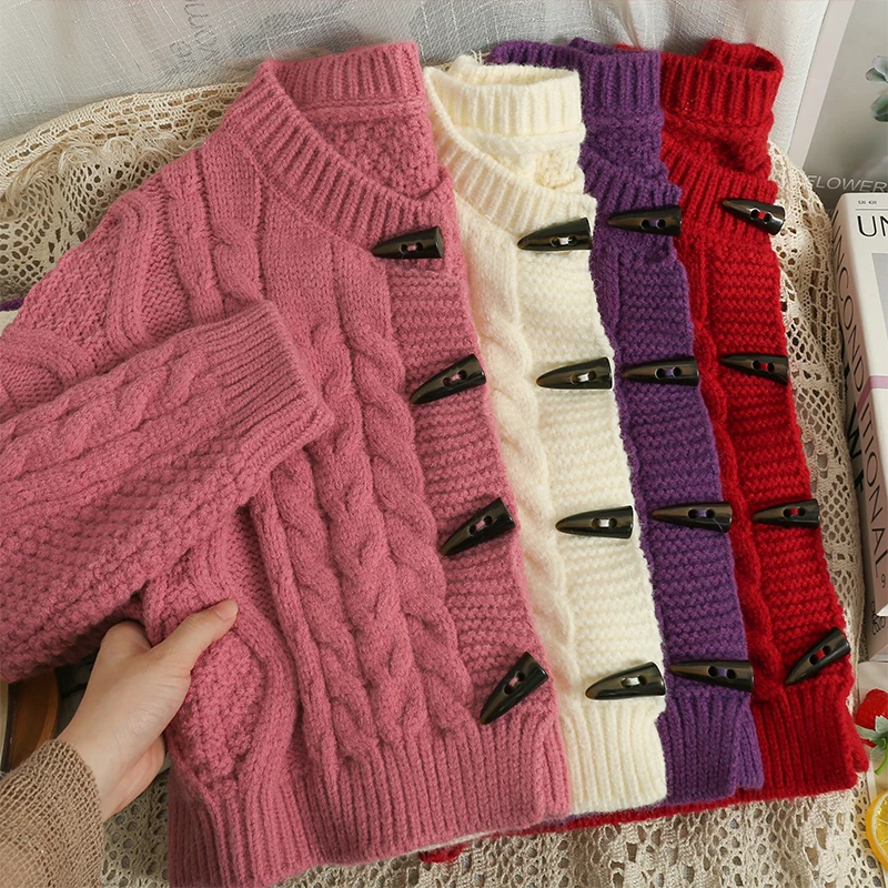 

Pearl Diary Winter Thicken Warm Long-Sleeved Short Female Outwear Coats Top Quality High Waist Solid Knitted Women Sweater Cardi