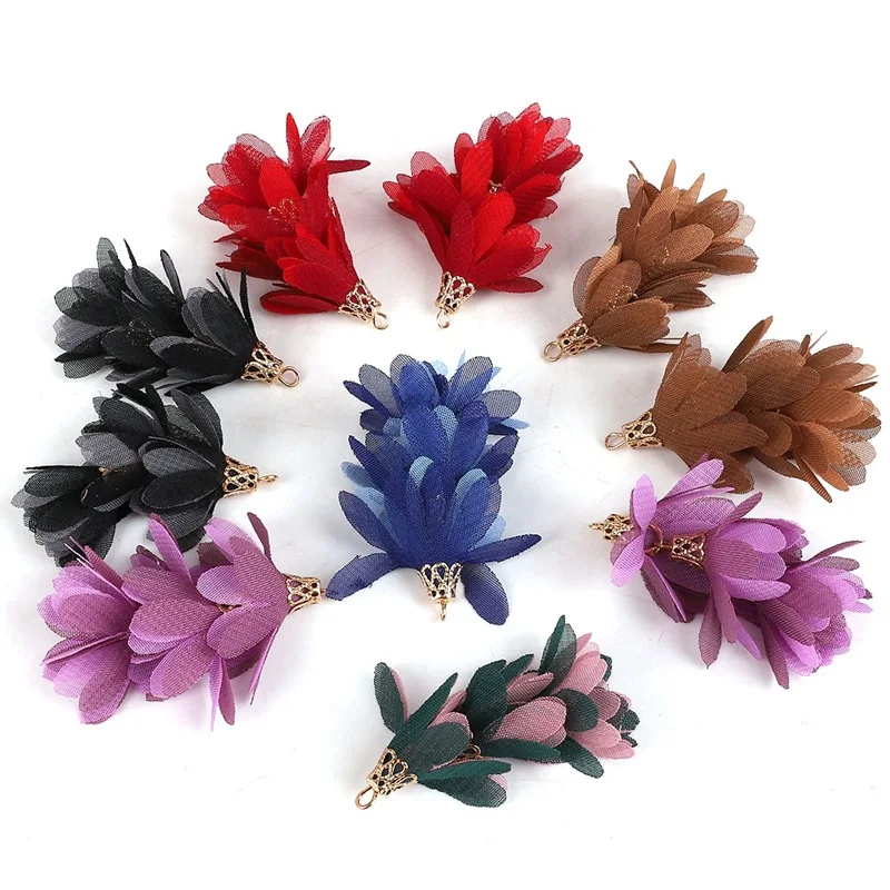 

2Pcs Mix Design Chiffon Flower Tassel Fabric Charms Pendants Supplies Tassels for Necklace Bracelet Making Earring Accessories