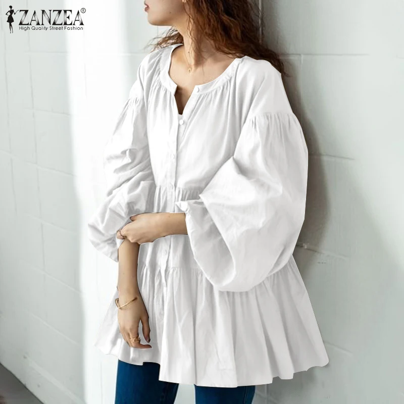 

Vintage Solid Shirt ZANZEA Fashion Women Casual Long Lantern Sleeve Blouse Spring Buttons Ruffles Tunic Tops Loose Work Blusas