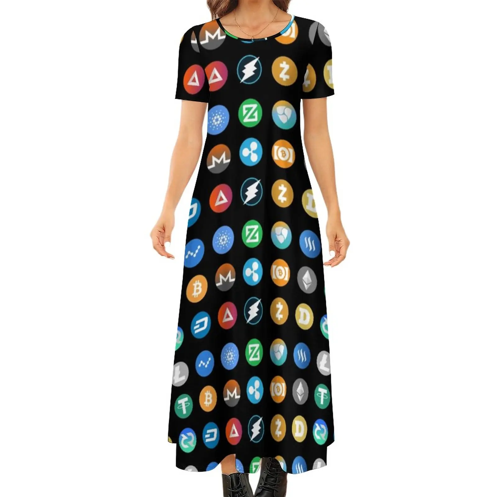 

Crypto Bitcoin Dress Coin Blockchain Retro Maxi Dress Street Fashion Bohemia Long Dresses Female Short Sleeve Big Size Vestidos