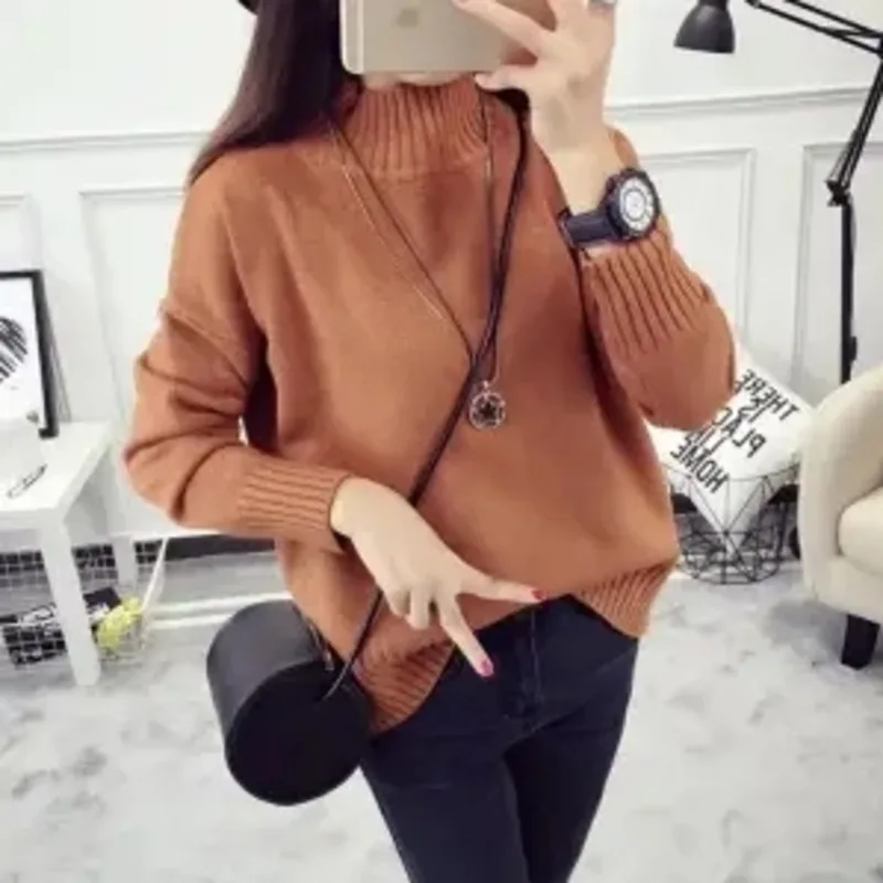 

2023 Autumn Winter Clothes Women Korean Fashion Women Sweater Mock Neck Turtleneck Solid Color Pullovers Long Sleeve Top Jumper