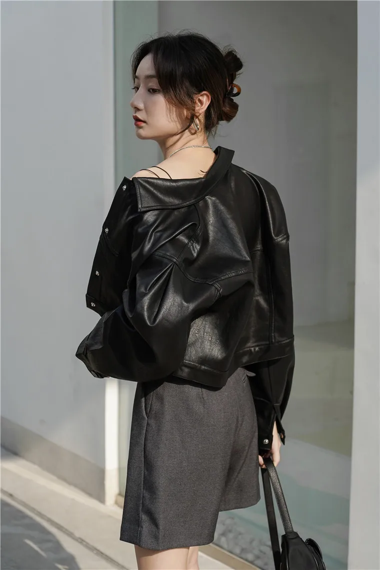 Autumn  Winter 2022 South Korea  Slim Single Breasted Suit PU Leather Short Coat Women Moto Jackets for Women Vintage Style