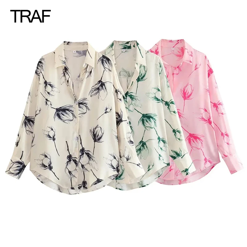 

TRAF Print Women's Polo Shirt Summer 2023 V-Neck Long Sleeve Flower Female Blouse Elegant Ladies Polo Shirts New Summer Tops