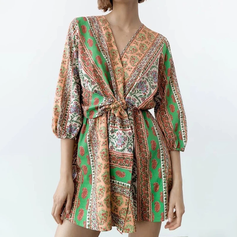 

2022 Spring Women Fashion Belt Decoration Printed Jumpsuit Casual Three Quarter Sleeve V Neck Female Jumpsuit HH6656