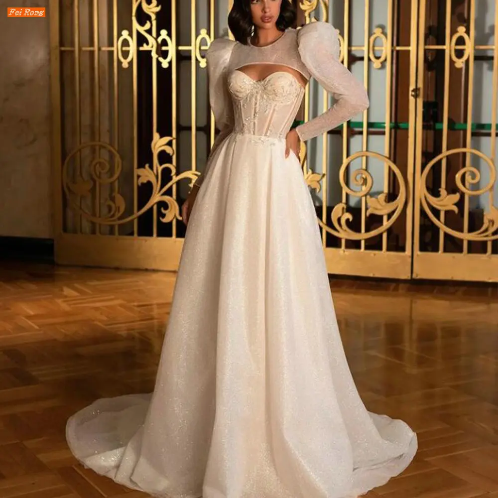 

Removable Long Sleeves Sequins Wedding Dress Appliuques Lace Up Vestidos De Novia A Line Court Train Bridal Gown Robe De Mariage