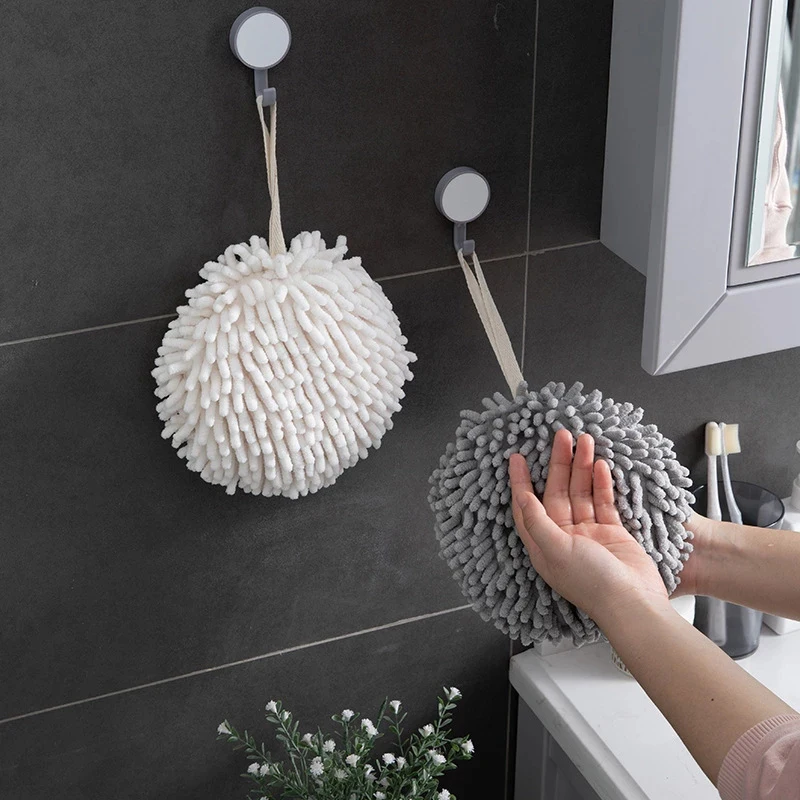 

2-Color Soft Hand Towel Ball Thick Super Absorbent Wall-Mounted Bathroom Kitchen Accessories Hanging Wipe Cloth Velvet Sponge