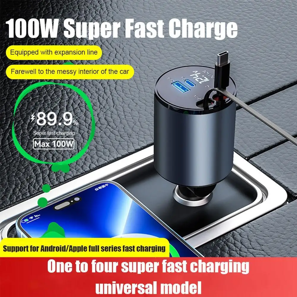 

100w 4 IN 1 Retractable Car Charger USB Type C Cable For IPhone Samsung Fast Charge Cord Cigarette Lighter Adapter