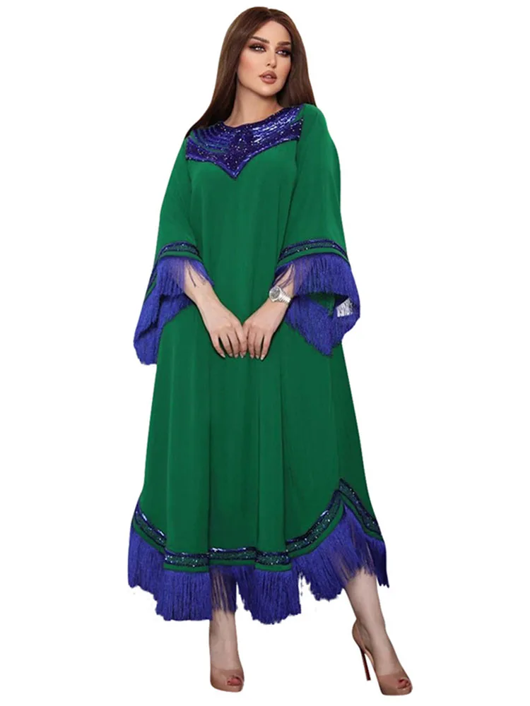 

Abayas мусульманское платье макси для женщин с кисточками Арабская Дубайская мусульманская одежда модное блестящее платье Jalabiya элегантное мусульманское платье для вечевечерние