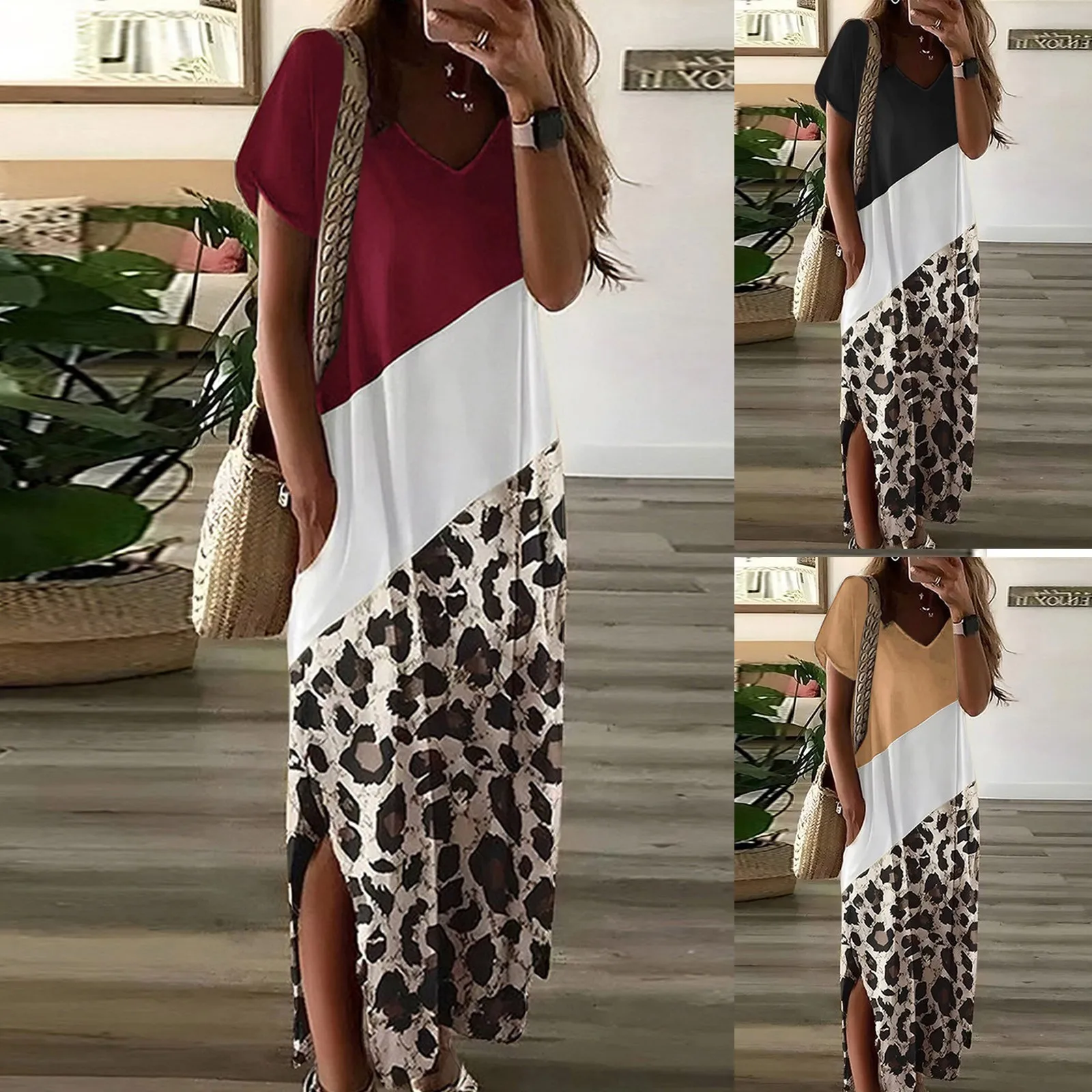 

Женское леопардовое Платье макси с разрезами по бокам, летнее платье с V-образным вырезом и коротким рукавом, Повседневный пуловер с цветными карманами, 2023