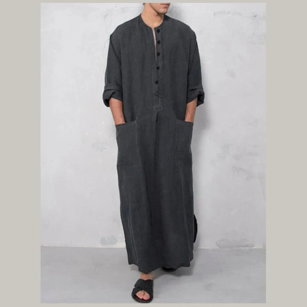 Muslim Dubai New Men's Loose Stand Collar Door Barrel Long Sleeve Robe National Style Robe