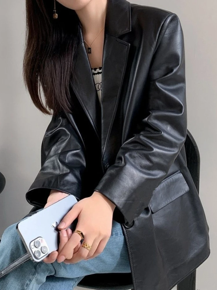 Suit Leather Jacket Women's Spring and Autumn New Casual Niche Pu Leather Premium Sense Black Suit Top Women Clothing Coat