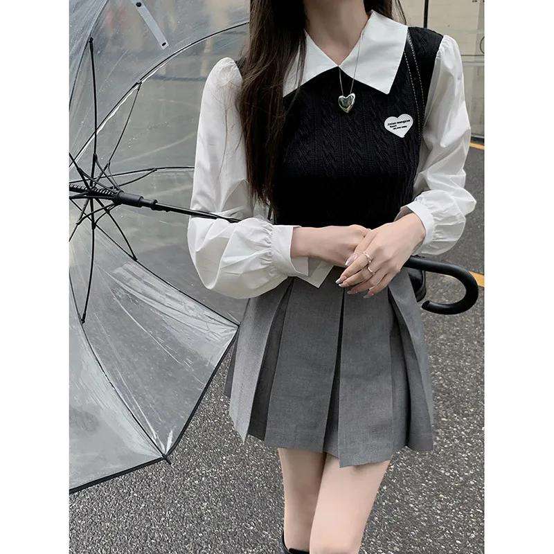 Sweet Japanese Girl Fashion 2 Piece Skirt Sets Long Sleeve Patchwork Shirt Top&ampHigh Waist Pleated Mini 2pc Dress Outfits |