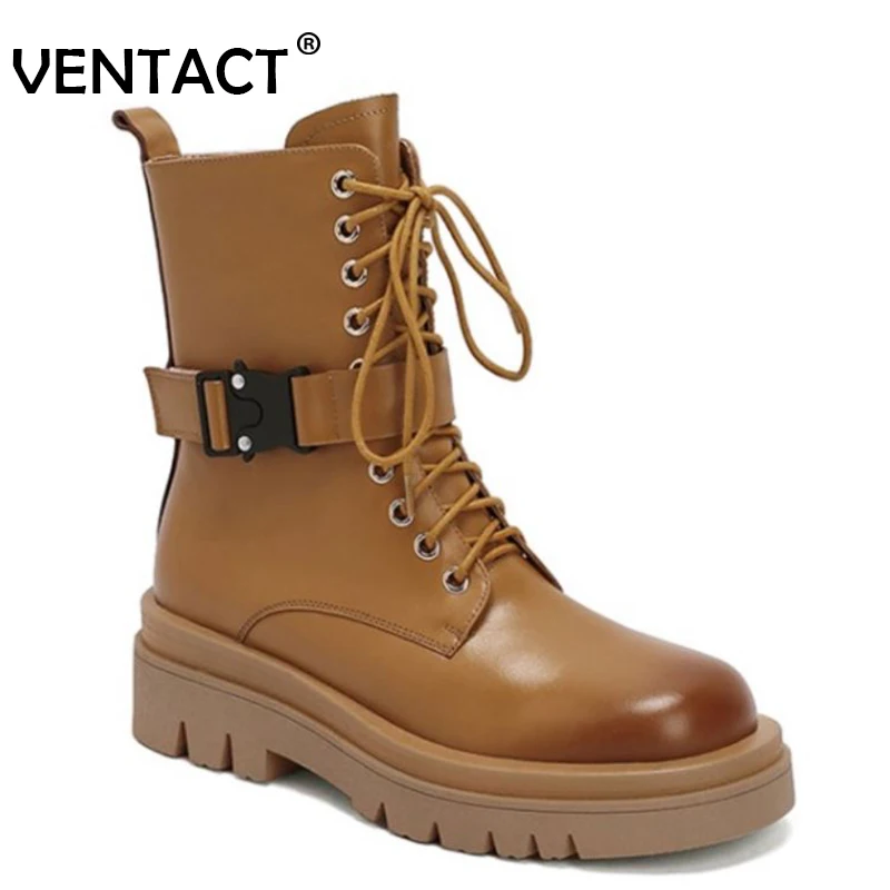 

VENTACT 2022 Women Real Leather Ankle Boots Low Heels Lace Up Buckle Short Boot Cool Fashion Ladies Footwear Size 34-39