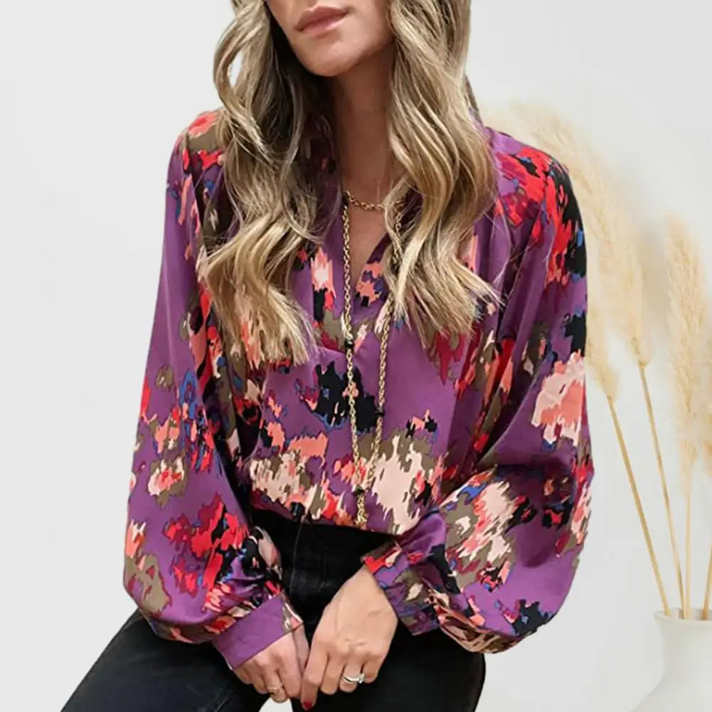 

Women Casual Pullover Shirt V-neck Lantern Long Sleeve Loose Fit Bohemia Abstract Print Boho Blouse Streetwear