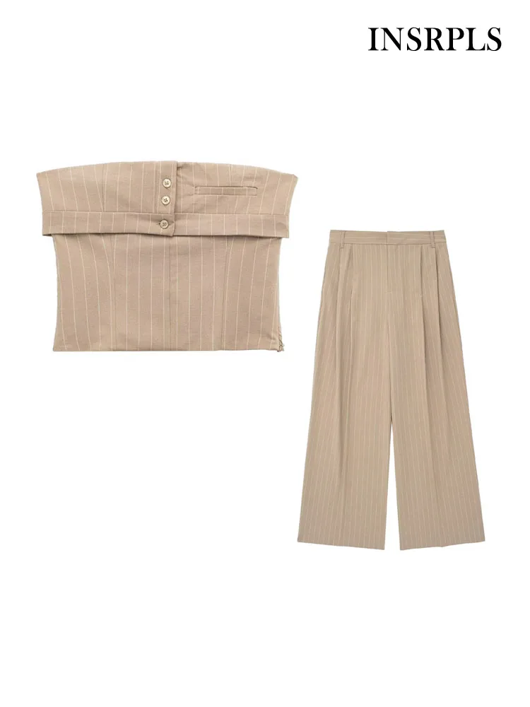 

INSRPLS Женская мода без бретелек Pinstripe укороченный бюстье майка Топ и средняя талия молния брюки Fly женские комплекты из двух частей Mujer