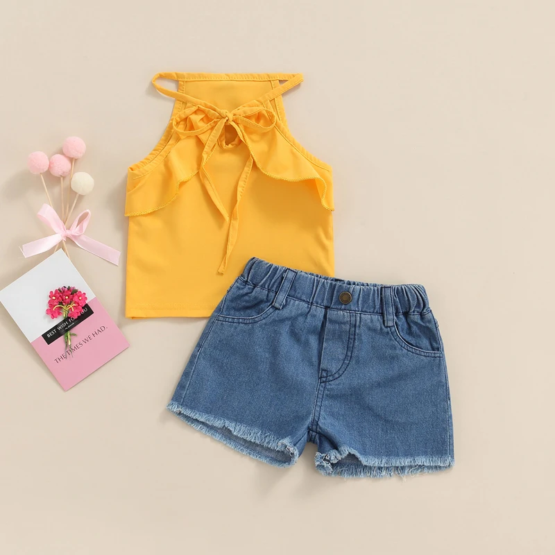 

2Pcs Girl Clothing Suit Summer Outfit Set Solid Color Flounce Sleeveless Tank Tops Frayed Denim Shorts Baby Toddler Kid 2-7Years
