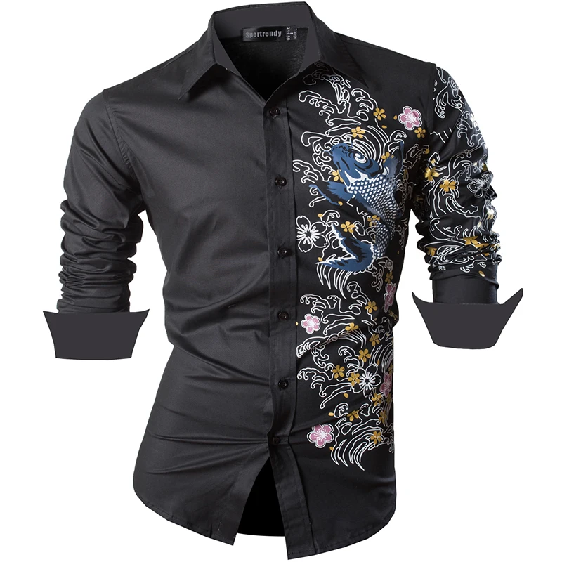 

Sportrendy Men's Shirt Dress Casual Long Sleeve Slim Fit Fashion Dragon Stylish JZS091 Black