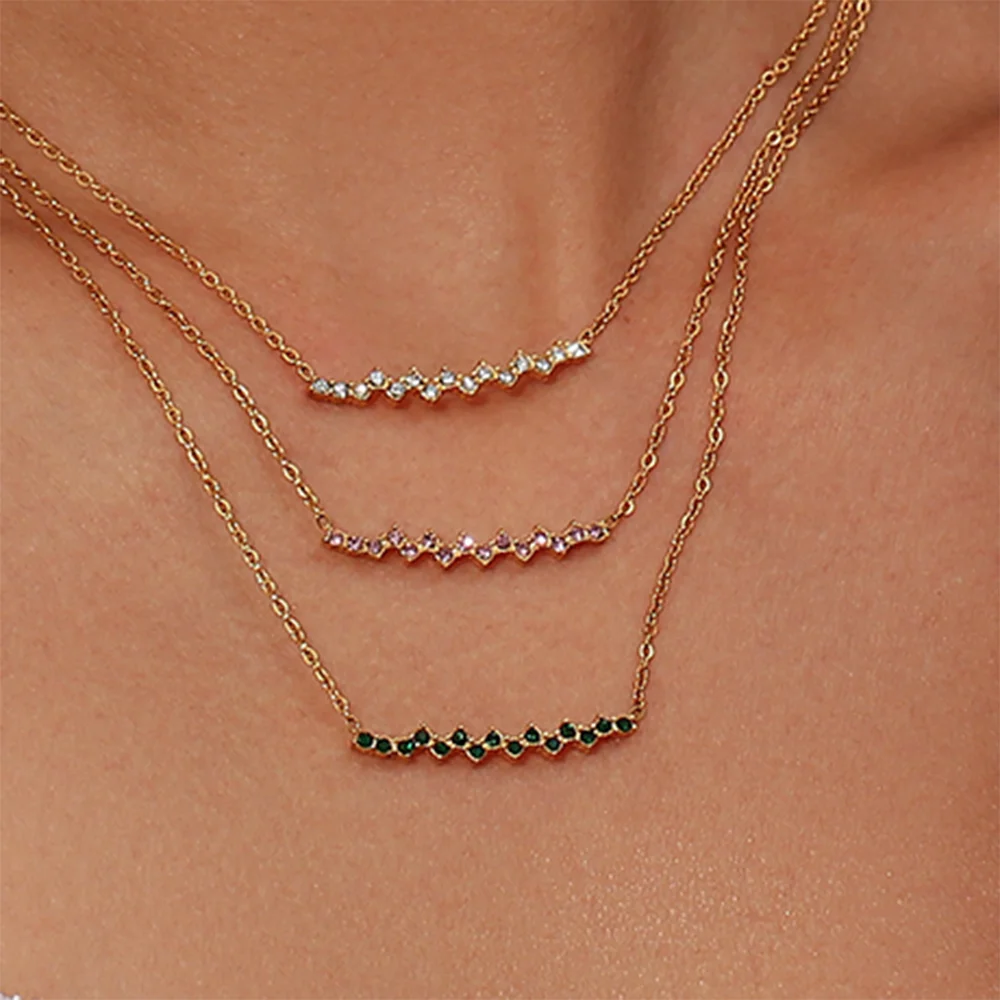 

Elegant Pink Green Clear Water Wave Zircon Clavicle Necklaces for Women Lovely 18K Gold Plated Stainless Steel Jewelry Gift