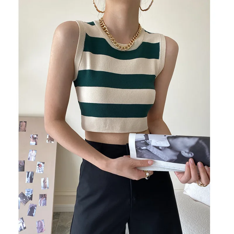 

Summer Women Wide Stripe Cropped Tank Tops O-neck Sleeveless Slim Color Block Stripe Cropped Tops Chic Lady Knitted Camis 2022