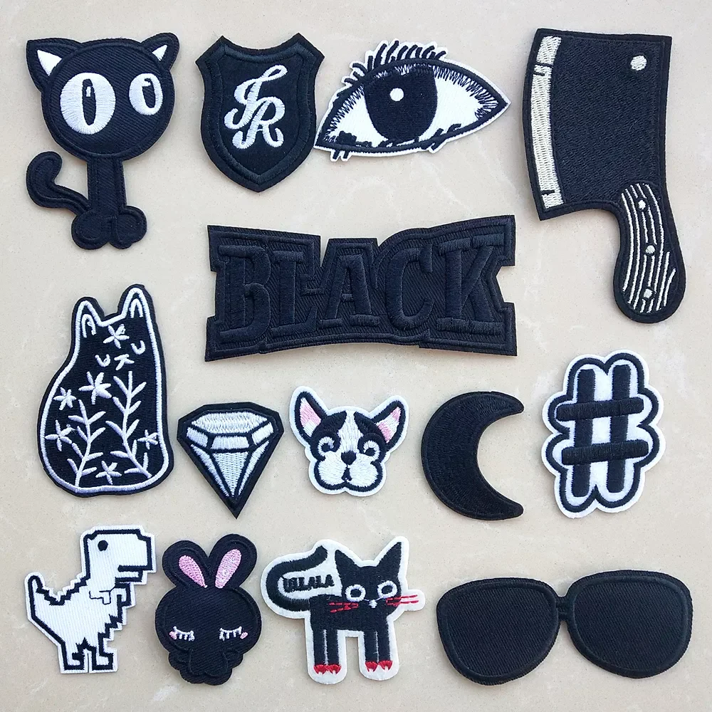 

Embroidery Patches for Clothes Jacket Jeans Appliques Stickers Clothing Badges Iron on Patch Black White Animal Letter