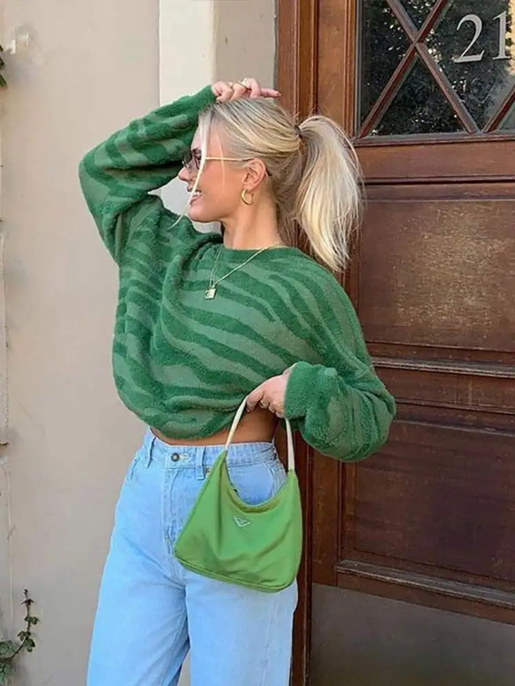 

Stripe Color Contrast Knitted Sweaters Women Long Sleeve O-neck Sweater Pullovers Female Fashion Loose Soft Warm Winter Clothing