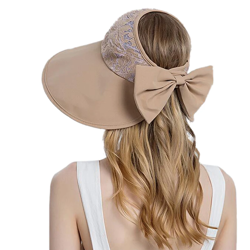 

Solid Color Bow Velcro Women Bucket Hat Cotton Lace Flowers Empty Top Hat Summer Sunshade Beach Hat Wide Brim Foldable Sun Hat