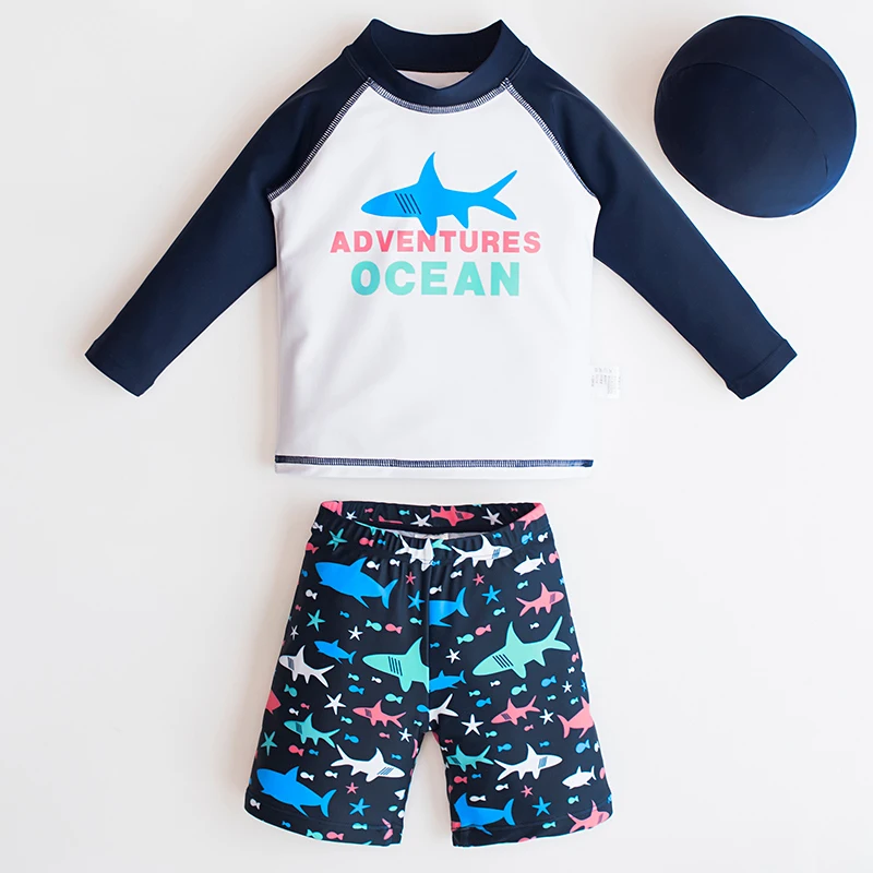 

Anti-UV Children Swimwear 3pcs Swimsuit Boys Cartoon Shark Print Kids Swimming Hat Short Sleeve Pants BathSuit Swim Beach Wear